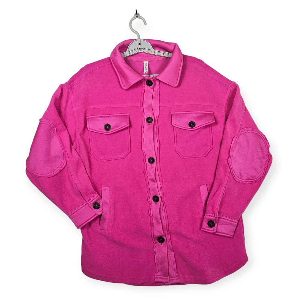Zenana Fuzzy Button-Down Fleece Shacket Size S Hot Pink Shirt Jacket
